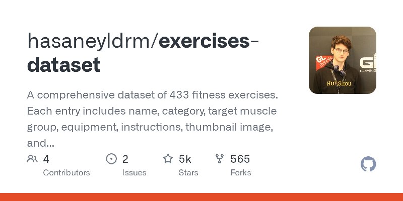 GitHub - hasaneyldrm/exercises-dataset: A comprehensive dataset of 433 fitness exercises. Each entry includes name, category, target…