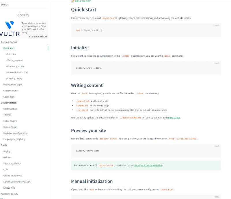 docsify js/docsify Markdown 编辑格式文档网页浏览 HTML #生成器