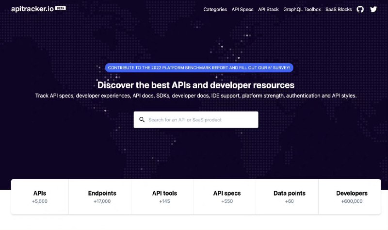 API Tracker  这个网站整理了很多 API 开放接口，包括一些常见的 API 工具、文章、视频等学习教程