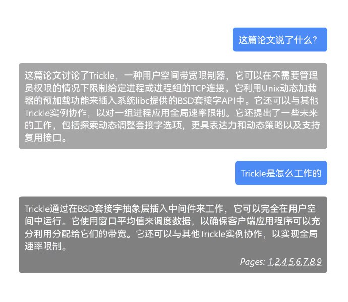 利用ChatGPT来帮助你快速解析论文直接上传一个pdf文件，然后它会利用ChatGPT来回答你针对这篇论文的问题上图是对一篇英文论文“Trickle