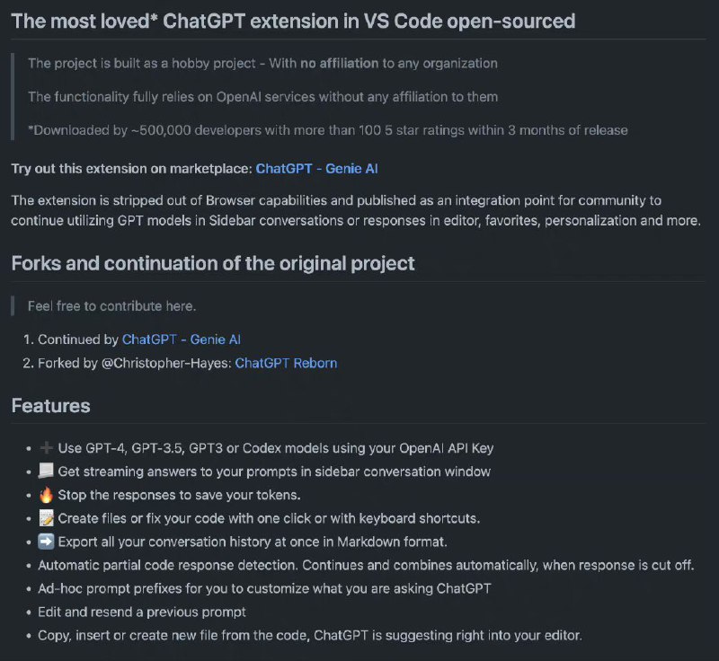 一个开源的 VSCode 插件，可将 OpenAI ChatGPT 集成到 VSCode，包括但不限于以下这些功能