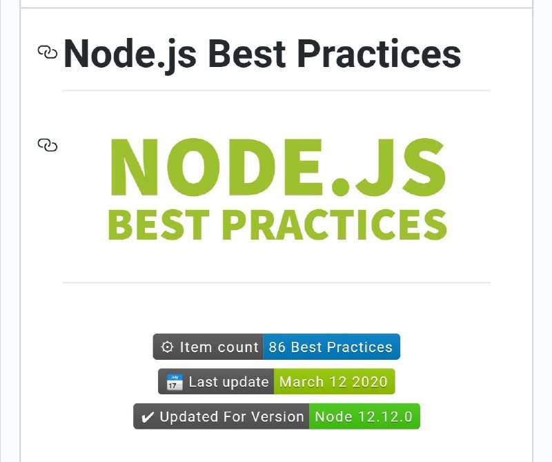 nodebestpractices 是一个 #Node.js 最佳实践列表，收录有5 篇项目结构实践11 篇错误处理实践12 篇代码风格实践13 篇测试和整体质量实践19 篇生产实践25 篇安全实践2 篇性能实践项目持续更新中