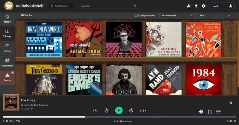 audiobookshelf：自托管听书和播客管理平台及应用特征完全开源，包括android 和 iOS 应用程序 （测试版）即时流式传输所有音频格式搜索并添加播客以下载带有自动下载的剧集具有自定义权限的多用户支持保持每个用户的进度并跨设备同步自动检测库更新，无需重新扫描使用批量上传拖放文件夹上传书籍和播客备份您的元数据 + 自动每日备份渐进式 Web 应用程序 (PWA)Web 应用和 Android 应用上的 Chromecast 支持从多个来源获取元数据和封面艺术基本电子书支持和电子阅读器（实验性）将音频文件合并到一个带有元数据和嵌入式封面的 m4b 中（实验性）