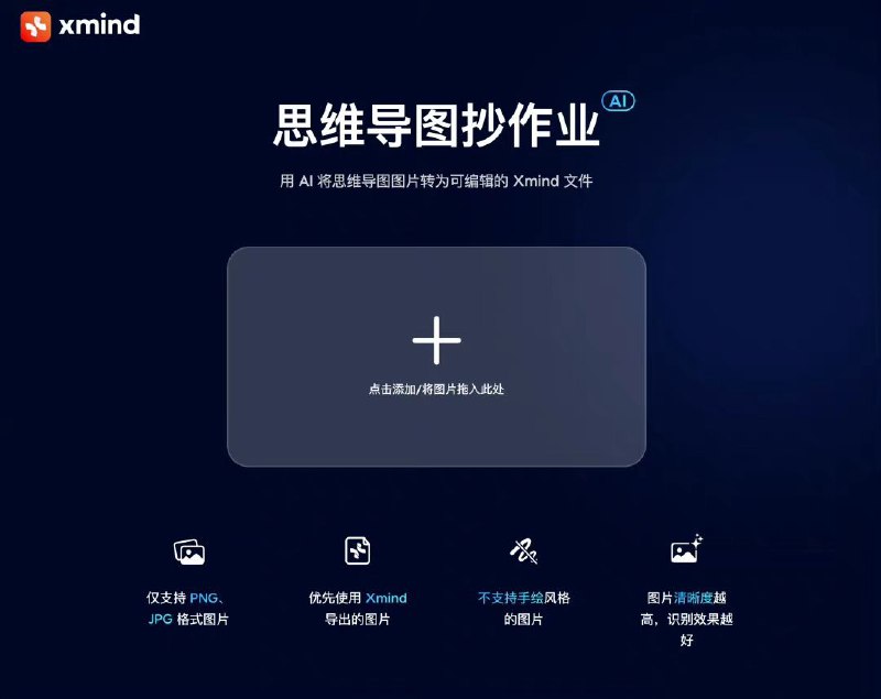 思维导图抄作业——图片转思维导图Xmind推出的人工智能工具，可以把思维导图图片转换成可编辑的 Xmind 格式文件