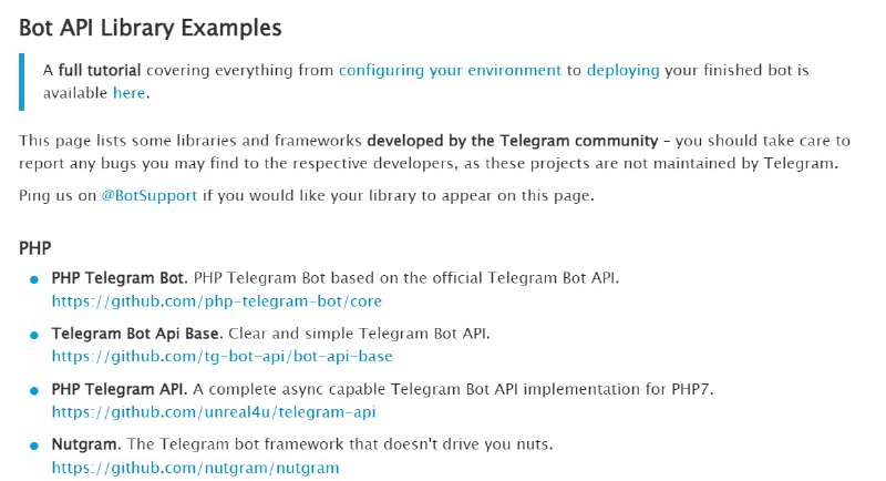 【网站名称】Bot API Library Examples【网站功能】TG机器人编程案例【网站简介】该网页是TG官方收录的TG Bot编程案例