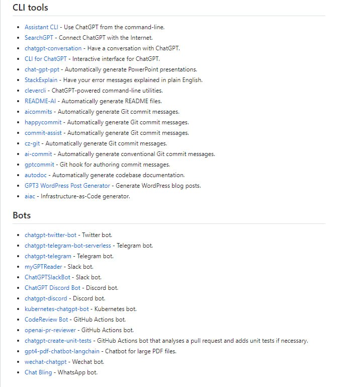 非官方的ChatGPT资源聚合列表，旨在汇总使用ChatGPT的应用、Web应用、浏览器扩展、CLI工具、机器人、集成、软件包、文章等资源 | Awesome list for ChatGPT非官方的ChatGPT资源聚合列表，旨在汇总使用ChatGPT的应用、Web应用、浏览器扩展、CLI工具、机器人、集成、软件包、文章等资源 | Awesome list for ChatGPT
