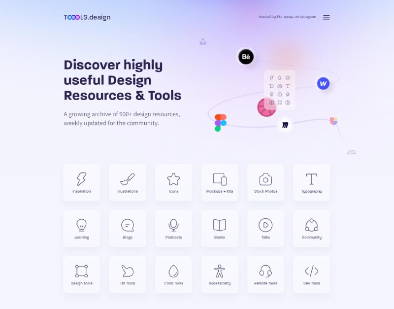 TOOOLS.design 收集了900+ 设计资源和工具，包含灵感、插画、图标、机壳、字体、书籍、社区、教程等，每周都会更新 #设计