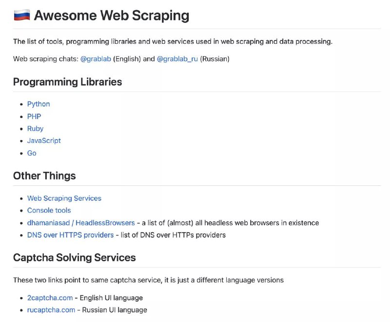 awesome-web-scraping这里面收集了有关网络 #爬虫 的各种资料、工具库的列表，不仅仅是 Python，还有 Go、Ruby、JavaScript、PHP ，一些爬虫商业服务、控制台工具、无头浏览器、验证码破解网站等 中文版awesome-web-scraping这里面收集了有关网络 #爬虫 的各种资料、工具库的列表，不仅仅是 Python，还有 Go、Ruby、JavaScript、PHP ，一些爬虫商业服务、控制台工具、无头浏览器、验证码破解网站等 中文版
