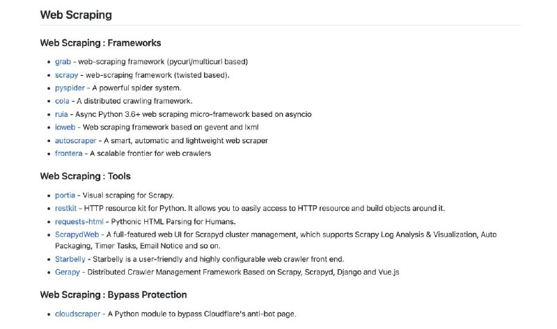 awesome-web-scraping这里面收集了有关网络 #爬虫 的各种资料、工具库的列表，不仅仅是 Python，还有 Go、Ruby、JavaScript、PHP ，一些爬虫商业服务、控制台工具、无头浏览器、验证码破解网站等 中文版awesome-web-scraping这里面收集了有关网络 #爬虫 的各种资料、工具库的列表，不仅仅是 Python，还有 Go、Ruby、JavaScript、PHP ，一些爬虫商业服务、控制台工具、无头浏览器、验证码破解网站等 中文版
