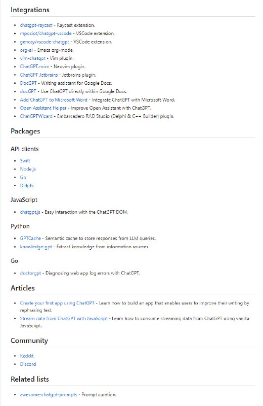 非官方的ChatGPT资源聚合列表，旨在汇总使用ChatGPT的应用、Web应用、浏览器扩展、CLI工具、机器人、集成、软件包、文章等资源 | Awesome list for ChatGPT非官方的ChatGPT资源聚合列表，旨在汇总使用ChatGPT的应用、Web应用、浏览器扩展、CLI工具、机器人、集成、软件包、文章等资源 | Awesome list for ChatGPT