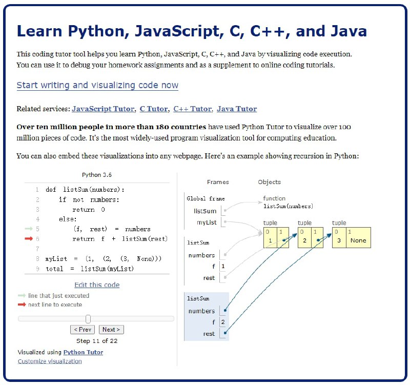 一个编码学习工具，通过可视化代码执行来帮助我们学习 Python、JavaScript、C、C++ 和 Java