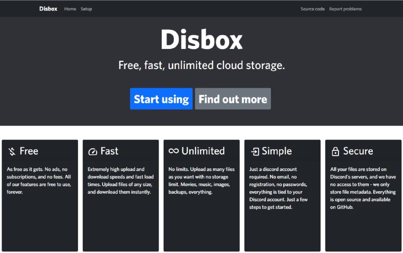 Disbox - 无限的云存储，托管在 Discord 频道上，通过将文件拆分为块来绕过文件大小限制，并将所有内容包装在虚拟文件系统中，可以轻松安全地登录、快速上传和下载、多个驱动器以及轻松的访问管理