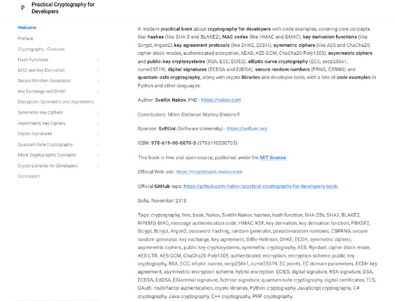 面向开发者的实用密码学《Practical Cryptography for Developers》| #电子书 本书期望以开发者的视角，通过大量代码示例和实践练习，简化密码学概念的学习过程，减少数学内容，强调实践操作