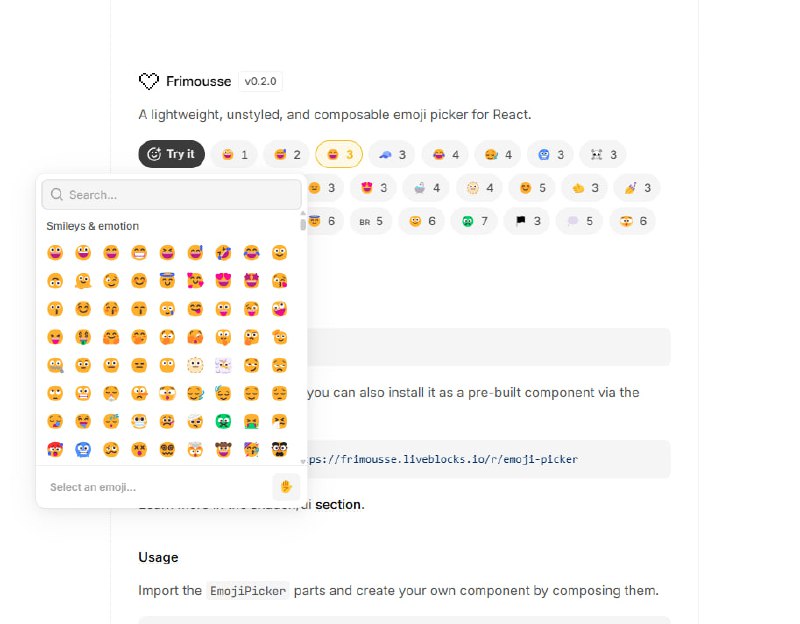 #前端开发 #独立开发站点名称: Frimousse描述: 一个轻量级、无样式且可组合的 React 表情符号选择器链接: 