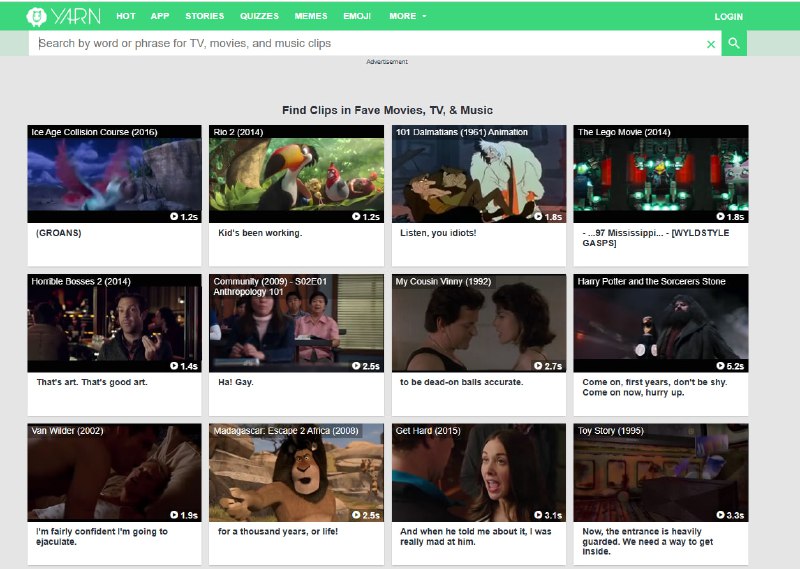 #台词 YARN 根据台词搜索电视剧、电影和音乐片段，并提供可播放剪辑、上下文环境、角色对话及时间戳信息，支持每日热词推荐、热门片段展示与标签分类浏览，主要覆盖的都是国外的影片，但也支持中文台词，只不过就比较少了，做影片剪辑或者影视迷可能会需要，免费使用，无需注册