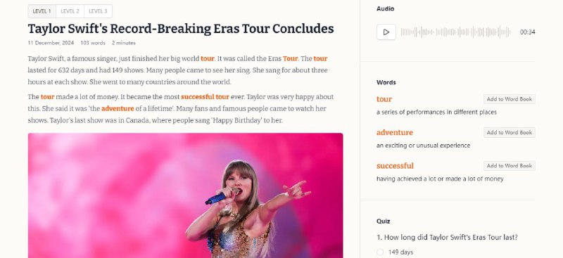 #英语 #听力 #资讯 English News In Levels 用于练习听力的英文资讯网站，每篇新闻都有 3 个级别，从简单到复杂，并配有音频，支持重点单词高亮显示、PDF 下载、单词本、听后问题等功能，完全免费，最好登陆