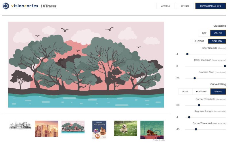一个比较实用的开源 #工具 ：VTracer可快速将 JPG、PNG 等格式的图片快速转换为 SVG 矢量图，并支持过滤斑点、色彩精度、曲线拟合等多种参数配置
