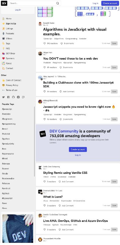 dev 社区和国内的掘金社区很相似，技术分类也比较多，各种技术应有尽有，文章质量都很不错