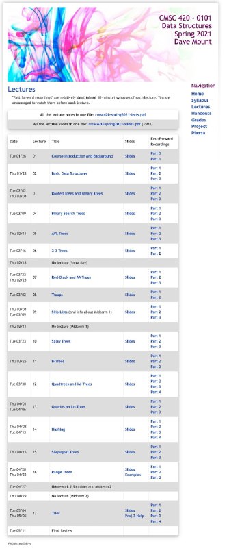 美国马里兰大学开放的数据结构教程：《Data Structures Spring 2021》，主要讲解数据结构基础、二叉树、红黑树、散列、范围树等内容