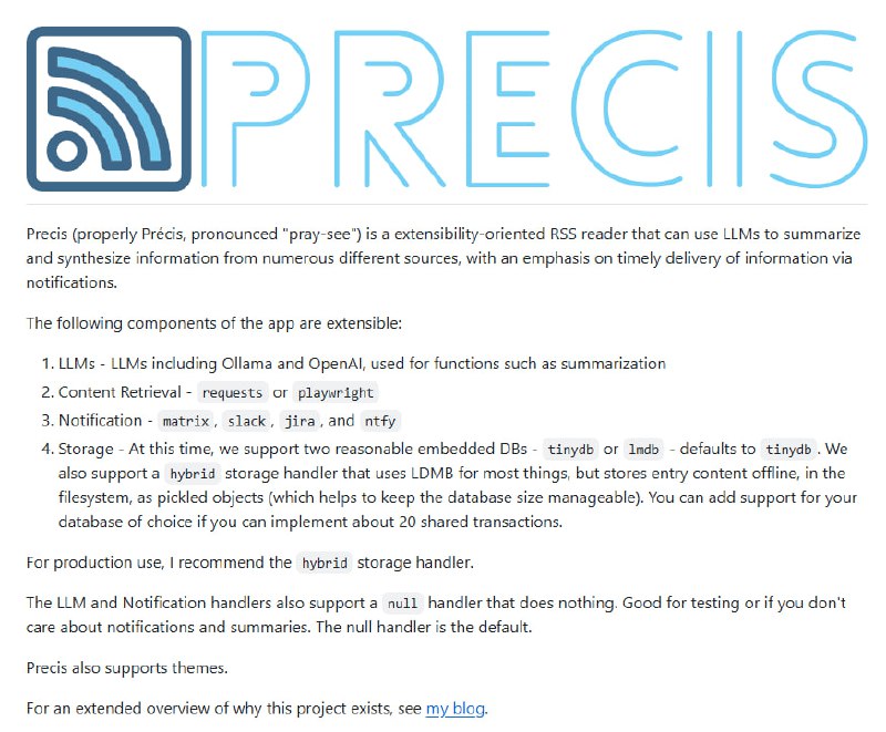 #RSS 可以使用 LLM 来总结和综合来自众多不同来源的信息，支持Docker部署及推送扩展，ui界面比较简单，可以自己修改