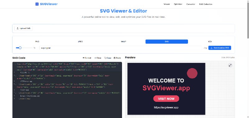 #SVG SVG Viewer SVG 编辑与优化工具，可上传 SVG 文件，进行代码编辑，且可实时预览更改，支持缩放、语法高亮、格式化、压缩优化等，还可转换为 PNG、JPEG、WebP 和 ICO 等格式，免费使用，无需注册
