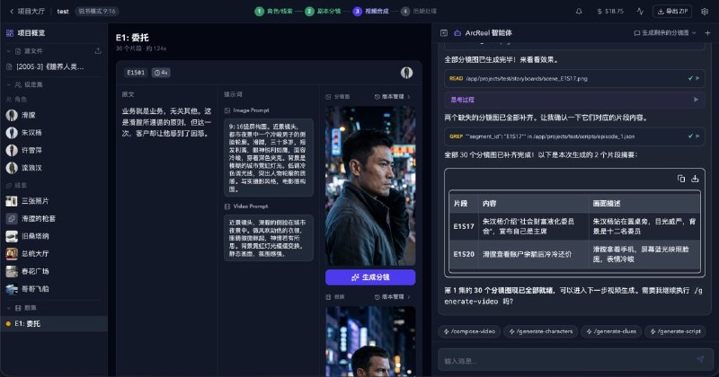 🟢 ArcReel开源AI短视频生成工作台ArcReel是开源AI短视频生成工作台，可将小说原文自动转换为成片，覆盖角色提取、剧本拆分、分镜生成、视频合成、剪映草稿导出的全流程