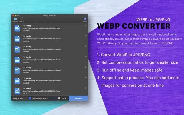 WebP 图片格式转换工具[macOS][$7.99→0]通过使用WebP Converter WebP转换器你可以一键将数百张JPG/PNG图片转换为WebP格式，从而减少图片大小，加快网站速度