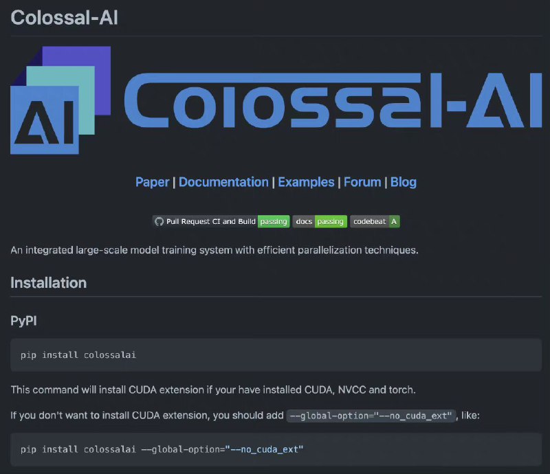 国人在GitHub开源的一个 #深度学习 系统：Colossal-AI，可用于AI大规模并行训练