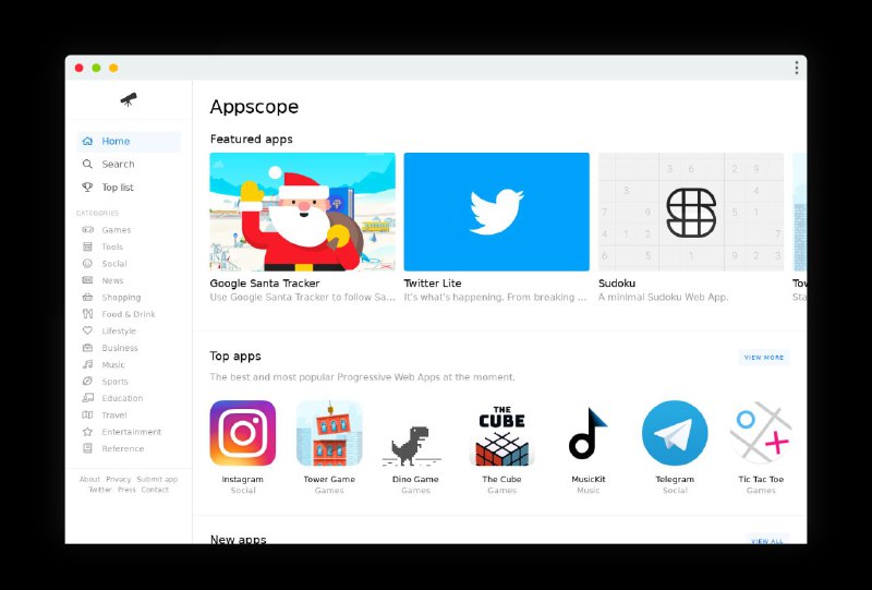 AppScope - PWA 应用商店PWA(Progressive Web App，渐进式网页应用) 是由 Google 提出的，致力于使 Web 应用的体验媲美原生应用的解决方案