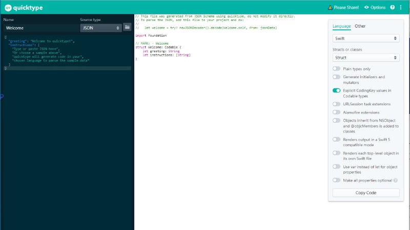 一个 TypeScript 开发的开源库，可以从 JSON、JSON Schema、TypeScript 和 GraphQL 查询生成强类型模型和序列化程序，以让在许多编程语言中安全地使用 JSON 变得轻而易举