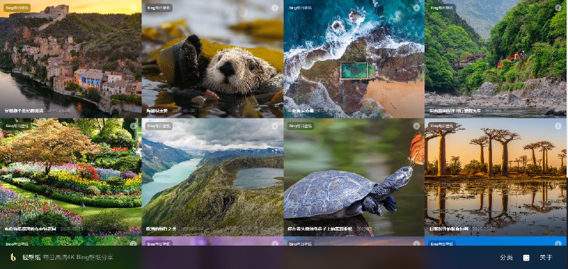 #壁纸 轻壁纸 Bing 高清壁纸分享站，每日自动更新 4K Bing 壁纸，涵盖自然风光、城市建筑、动物等多种主题，所有壁纸均为横屏高清格式，适合电脑桌面使用，免费无广告，无需注册