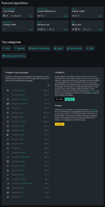 GitHub 上最大的算法开源库：The Algorithms，网站收录了 Python、Java、C++、JavaScript、Go 等多种主流编程语言的算法代码实现