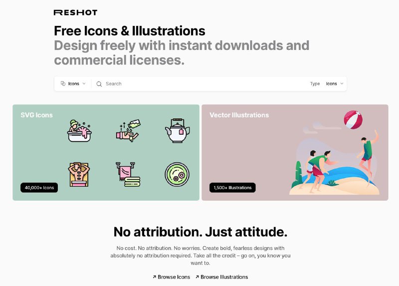 #图标 #插图 Reshot 一个图标和插图库，共有 40,000+ 个图标和1,500+ 个插图，可下载为 SVG 和 PNG 或其它源文件格式，完全免费，且支持商业用途，无需注册