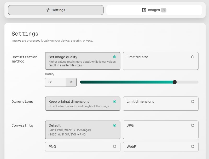 #图片 #压缩 #开源 MAZANOKE 图片压缩工具，适用于 jpg、png、webp、heic、avif、gif、svg 格式，支持批量上传、格式转换、移除元数据、自定义压缩质量、尺寸设置等，浏览器本地运行，完全免费，无需注册