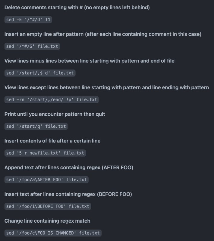 Linux sed #命令行 常用汇总：useful-sed，收集了 sed 命令行的诸多常见用法，可用于快速处理文本文件