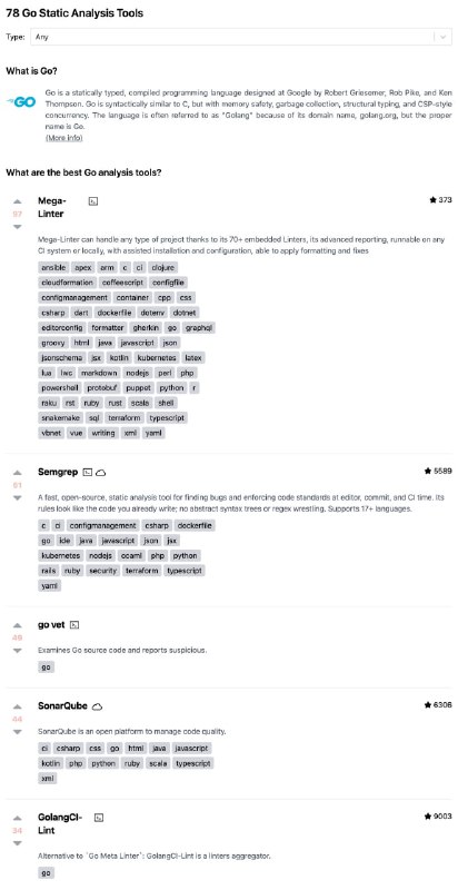 一个比较实用的开发 #工具 网站：Analysis Tools github地址上面了汇总了多种编程语言的静 / 动态代码分析工具与 Linter