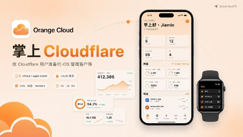 🔹 Orange Cloud：Cloudflare iOS管理客户端如果你是用的Cloudflare，真心推荐试试这个Orange Cloud的iOS管理客户端，不用在手机浏览器里挤慢得要死的官方后台，走官方OAuth登录连手动复制API Token都省了，域名、DNS、Workers、R2这些常用的功能都能直接操作；