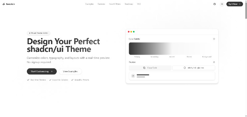 tweakcn 是用过的 shadcn-ui 主题工具中最好的一个通过预置主题简单修改就可以预览得到自己的主题，而不是那种随机 1000+ 主题而且还支持导入导出