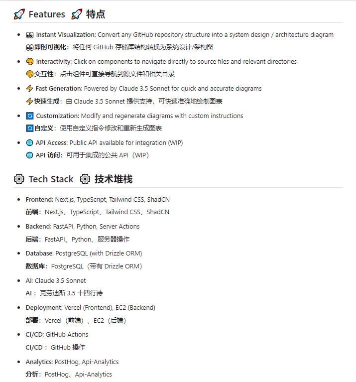 GitDiagram：将任何GitHub代码库一键转换成互动式图表，让代码结构一目了然，特色在于快速生成和交互式操作，帮助开发者更直观地理解和导航代码只需在GitHub链接中把“hub”替换成“diagram”，瞬间就能将枯燥的代码转化为清晰的交互式图表