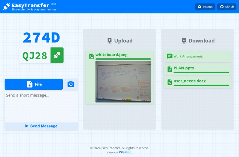 EasyTransfer：开源匿名端到端加密（E2EE）文件传输工具EasyTransfer is an open-source, anonymous, encrypted, and easy-to-use E2EE file transfer tool. You only need to visit a simple web page to connect to any device in any network using a device code. 一款免费、匿名、加密且易于使用的 E2EE 文件传输工具