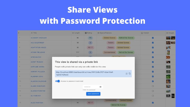 NocoDB：Airtable的开源替代品，将 MySQL、PostgreSQL、SQL Server、SQLite 或 MariaDB 转换为在线智能电子表格特征丰富的电子表格界面1.轻松搜索、排序、过滤、隐藏列2.创建视图：网格、画廊、看板、表格3.共享视图：公共和密码保护4.个人和锁定视图5.将图像上传到单元格（适用于 S3、Minio、GCP、Azure、DigitalOcean、Linode、OVH、BackBlaze）6.角色：所有者、创建者、编辑者、查看者、评论者、自定义角色