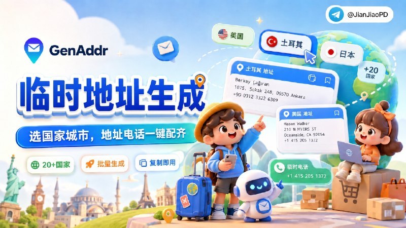 #GenAddr #地址生成 #GeoNames #JSON #CSV #TGAgentGenAddr 是一个支持 20 多个国家的随机临时地址生成器