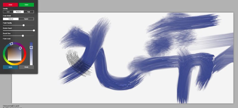 #绘画 Fluid Paint 在线绘画工具，特点是模拟真实画笔与湿润颜料的物理效果，且可调整画笔毛刷数量、大小、颜料流动性和颜色，支持自然与数字两种绘画模式，提供撤销、重做功能，可用作创意绘画或物理模拟实验，免费使用，无需注册