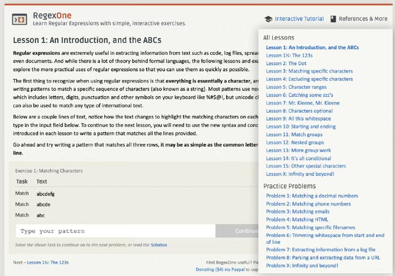 一个很不错的 #正则表达式 学习网站：regexone ，里面配套了完整教程、速查表、练习题等资源，帮助开发者学好正则，一步到位