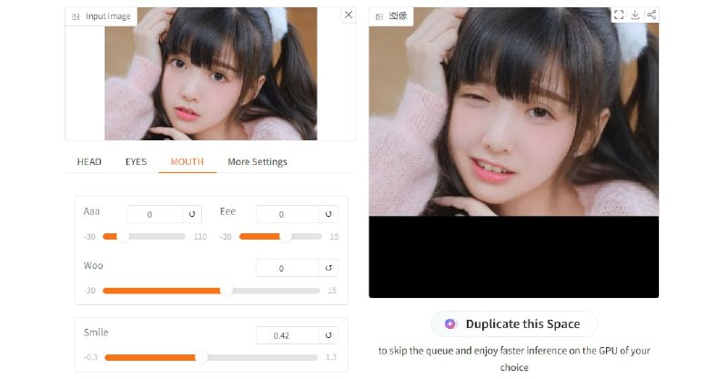 #AI #人脸 #表情   Expression Editor   人脸表情编辑工具，只需上传照片，即可调整数值来改变表情，主要是对头部、眼睛和嘴巴的操作，可实现眨眼、微笑、转头、挑眉等丰富的面部表情，每次调整都会预览显示效果，完全免费，无需注册
