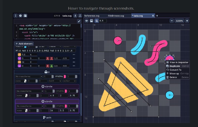 #SVG #开源 GodSVG SVG 矢量图形编辑工具，可导入或新建 SVG 文件，通过图形界面直接编辑路径、形状、尺寸、位置与样式属性，所有操作都会即时反映到对应的 SVG 源代码中，同时也支持直接修改代码并同步更新画布，实现真正的双向联动，另外生成的 SVG 不会自动插入多余元数据，主打一个干净纯粹，免费开源，无需注册