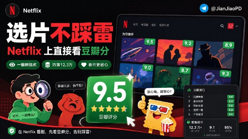 #NetflixDoubanRatings #浏览器扩展 #TGAgentNetflix Douban Ratings 是一个 Chrome/Edge 浏览器扩展，能在 Netflix 影视卡片上直接叠加显示豆瓣评分