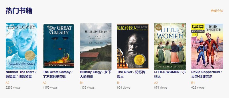 #英语 #名著 BookYell 英文名著小说在线阅读，共有大约 200+ 本，可按难度进行筛选，支持悬浮查释义、双击查词典、整段翻译、语法分析等功能，词典和语法分析做的很好，应该是集成了 AI ，免费使用，无需注册