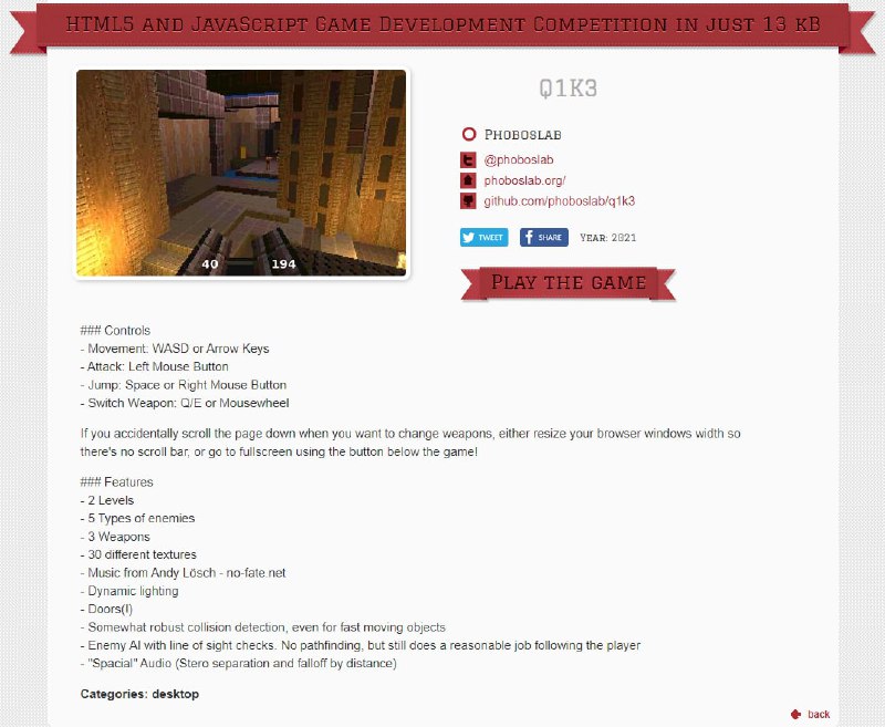 Q1K3 - 用 13kb 的 JavaScript 向 Quake 致敬