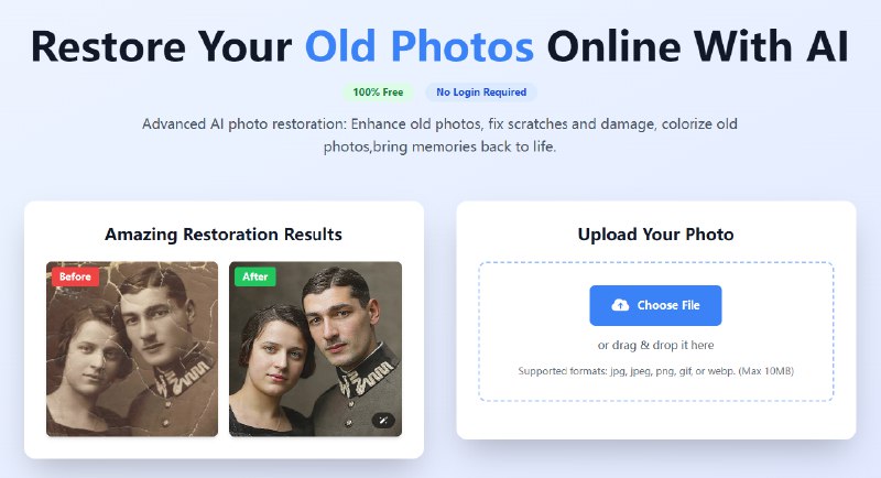 #照片 #修复 #AI Restore Old Photos 基于 AI 的老照片修复工具，可提高照片清晰度，修复划痕和损坏，以及为老照片着色，效果整体还不错，处理速度也挺快的，有需要的可以试试，完全免费，无需注册